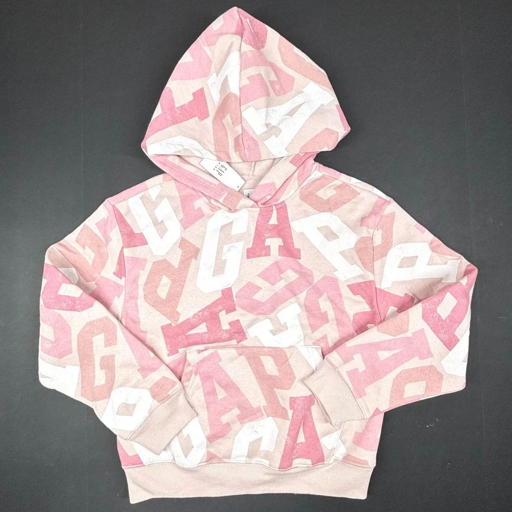GAP Kids Allover Logo Pullover Hoodie Sweatshirt Pink Girls Large(10) Pocket NWT